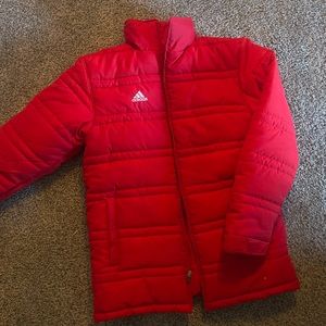 Adidas Mens Puffer Jacket Coat Red Hide-able   Hood Full Zip Pockets